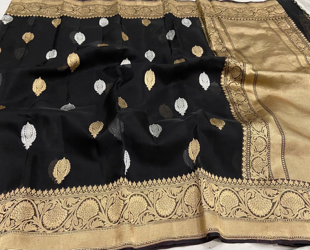 Black banarsi kora saree - Saffronfashionindia