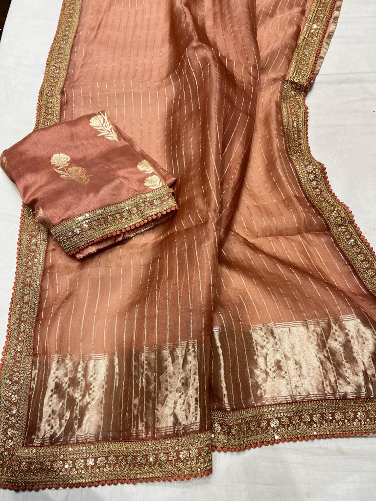 Striped zari organza saree - Saffronfashionindia