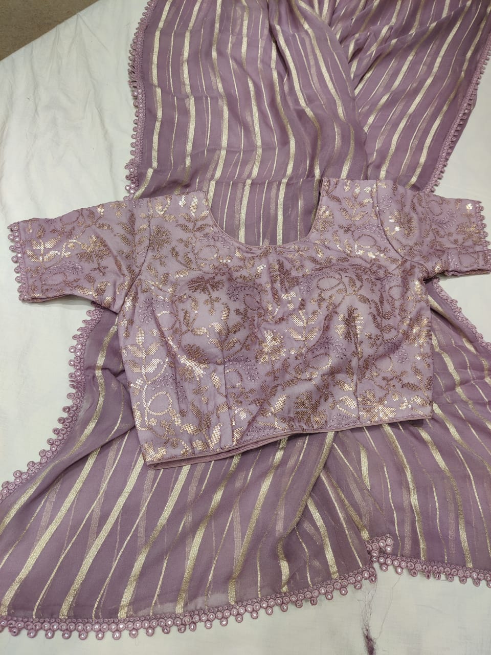 Bezil striped gorgette saree - Saffronfashionindia