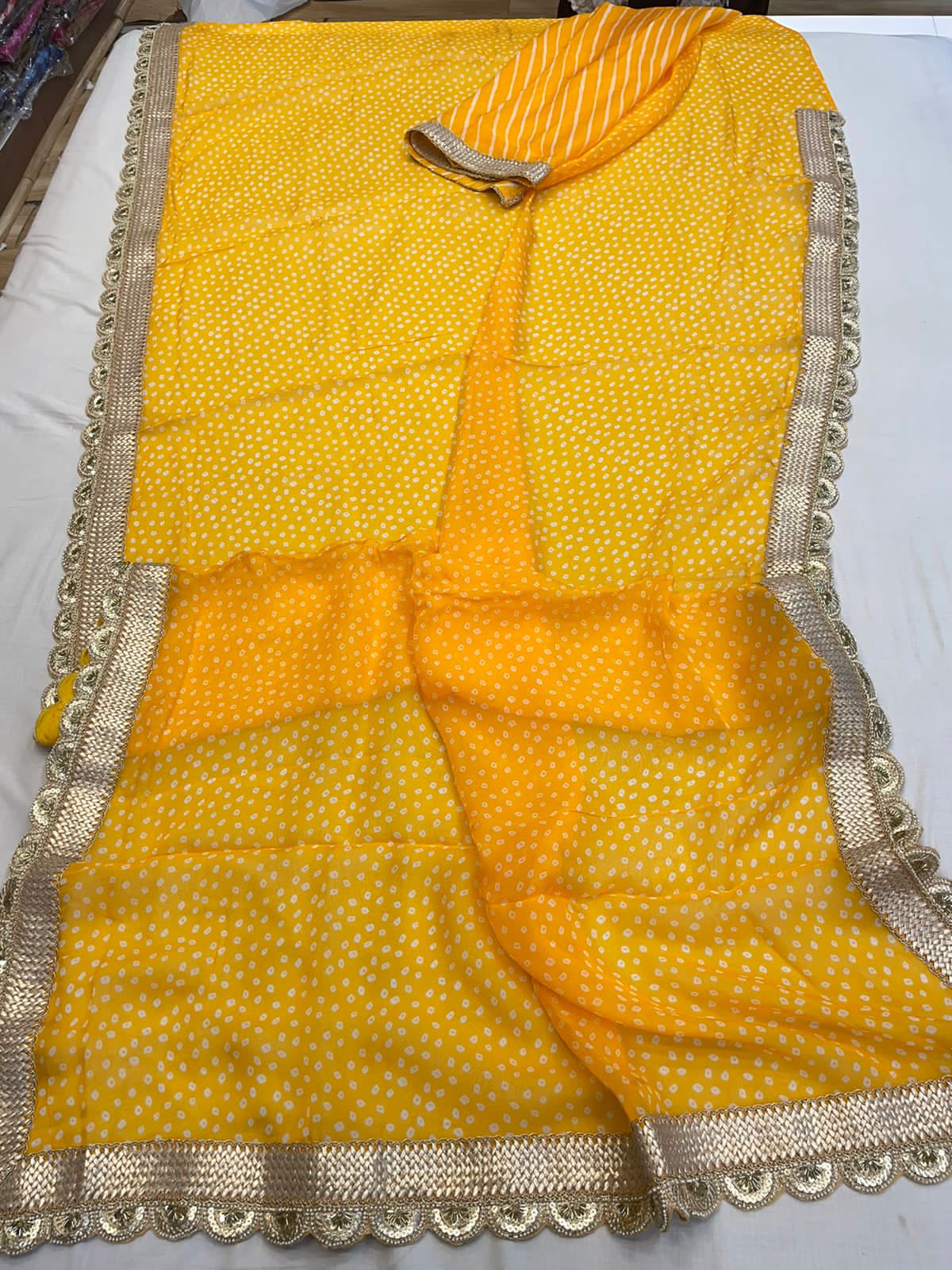 Bandhani lehariya organza saree - Saffronfashionindia