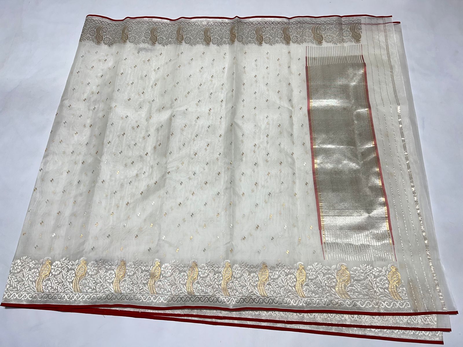 White Chanderi silk saree - Saffronfashionindia