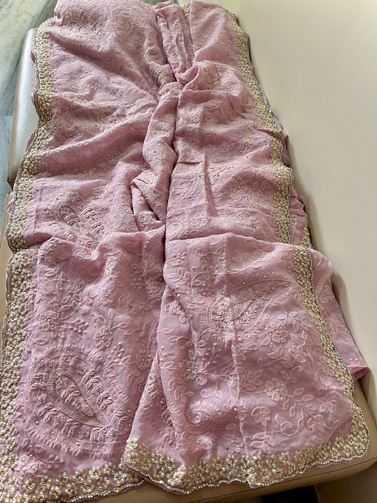 Pearl gorgette jaal saree - Saffronfashionindia