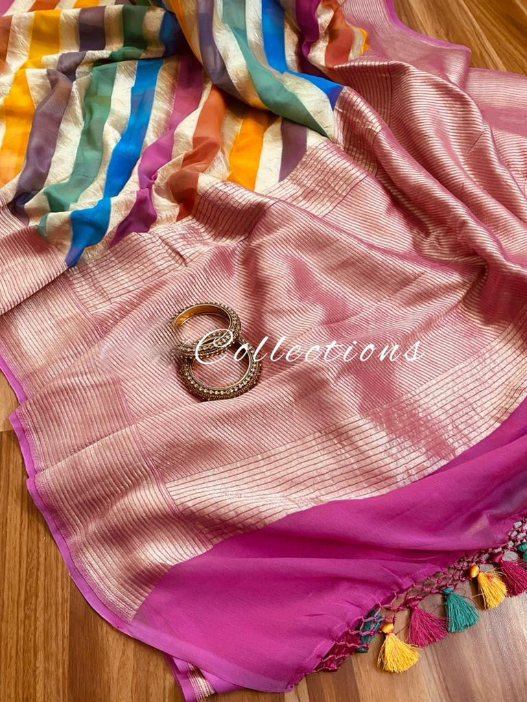 Handwoven striped gorgette saree - Saffronfashionindia