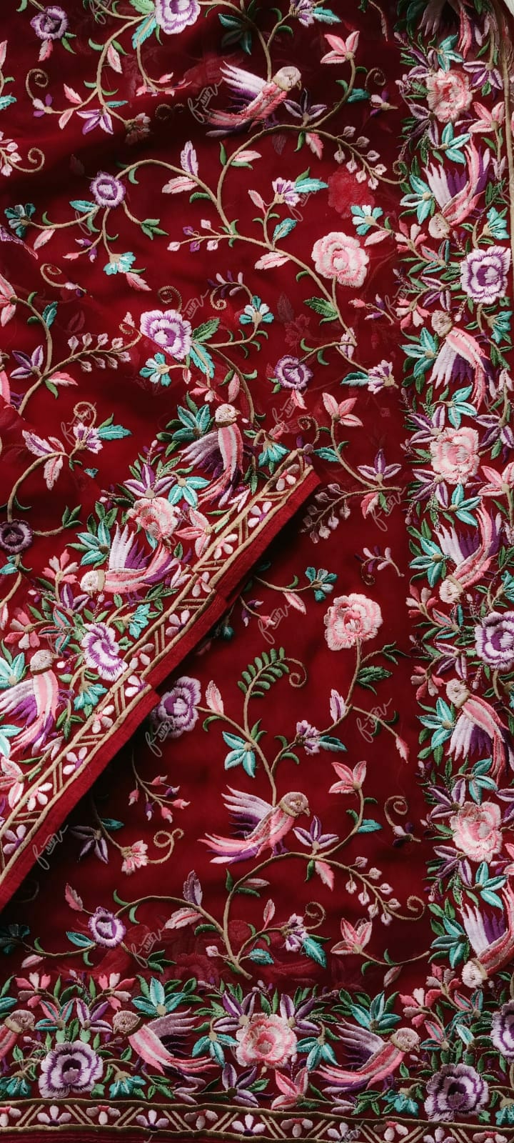 Leela red Parsi inspired saree - Saffronfashionindia