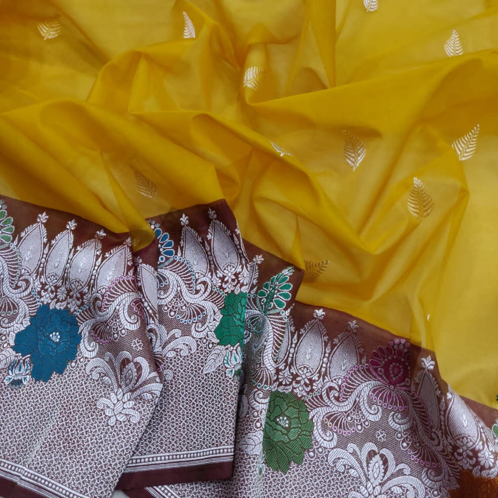 Mustard kora handwoven saree - Saffronfashionindia