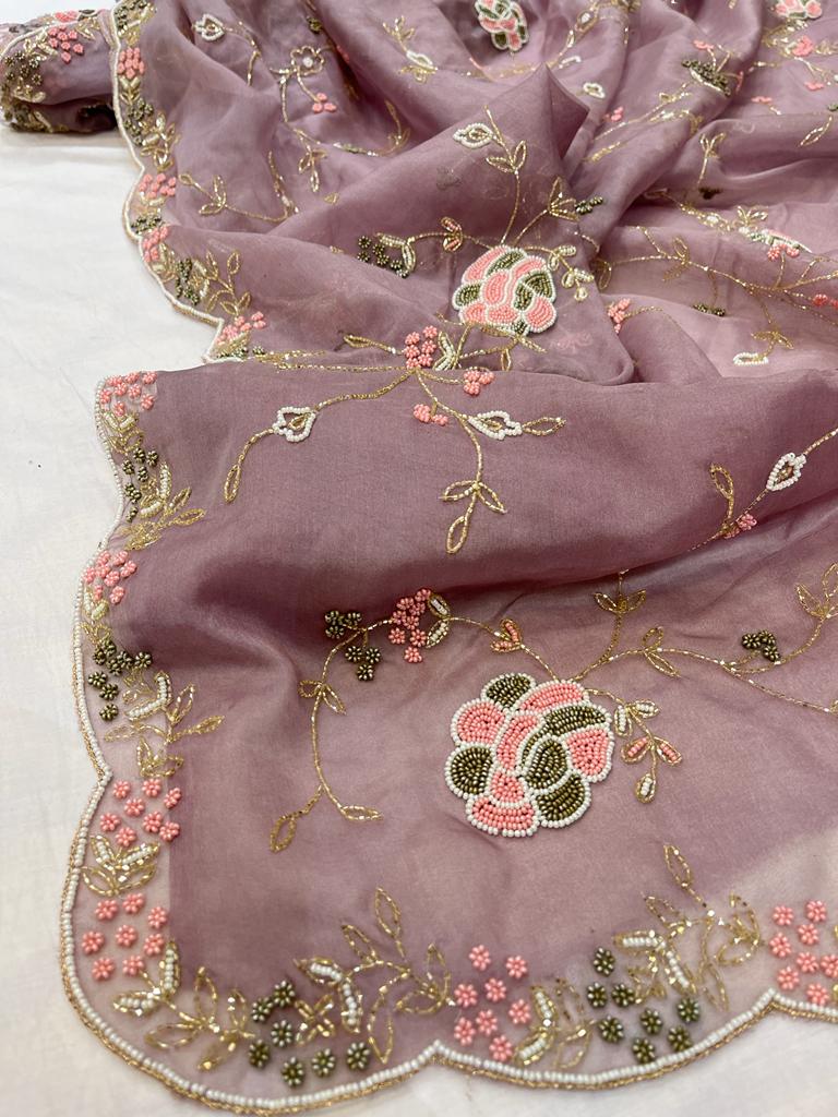 Pearl organza zardosi saree - Saffronfashionindia