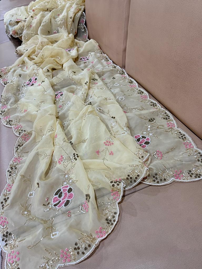 Pearl organza zardosi saree - Saffronfashionindia