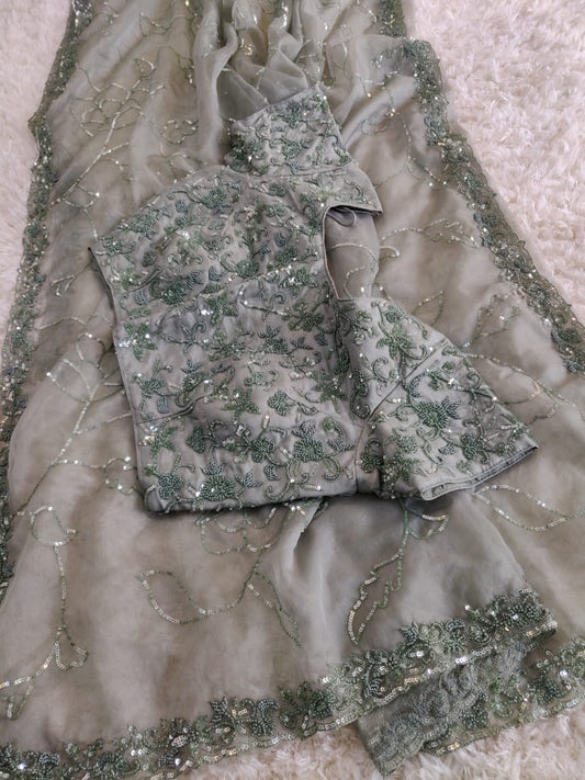 Partywear sequins organza  saree - Saffronfashionindia