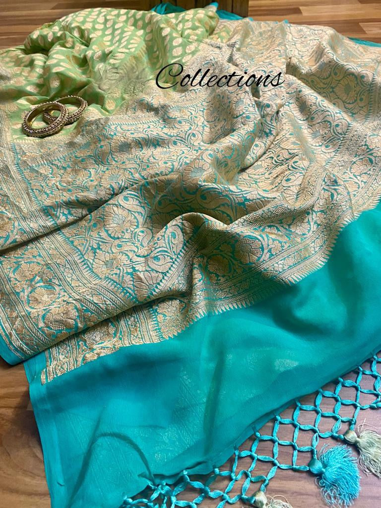 Elegant green khaddi gorgette sari - Saffronfashionindia