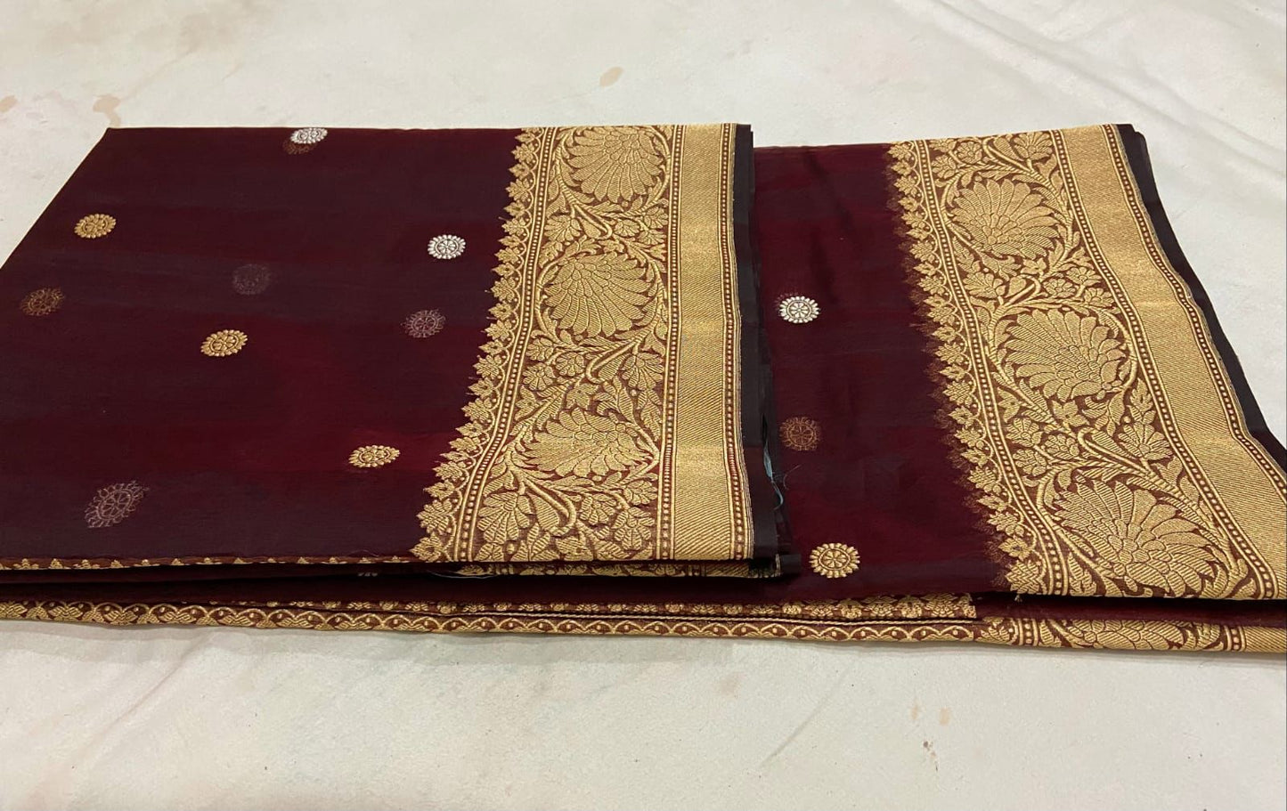 Maroon banarsi kora saree - Saffronfashionindia