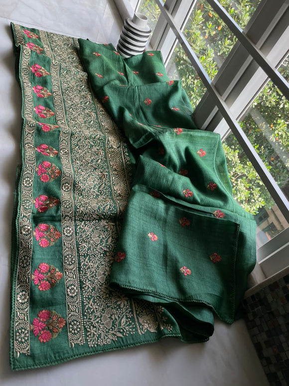 Green tussar embroidery saree