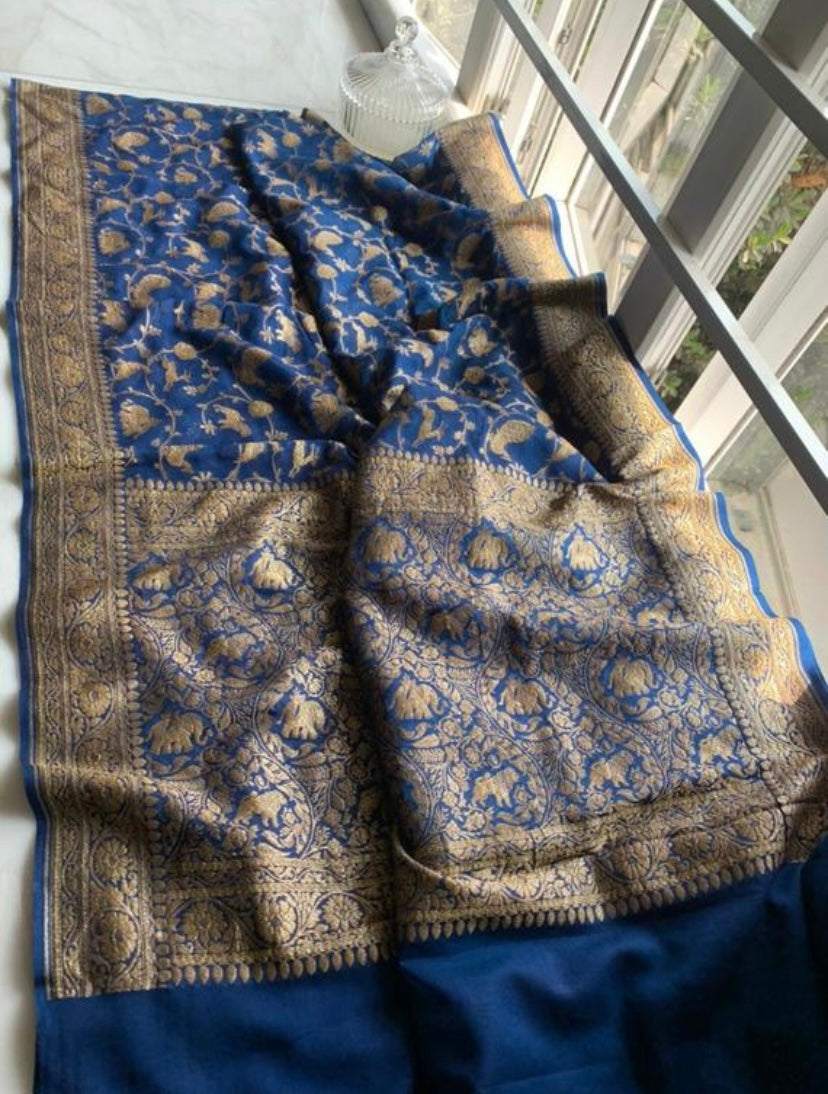 Royal blue gorgette saree Indian saree Pakistani sarees Saffronfashionindia