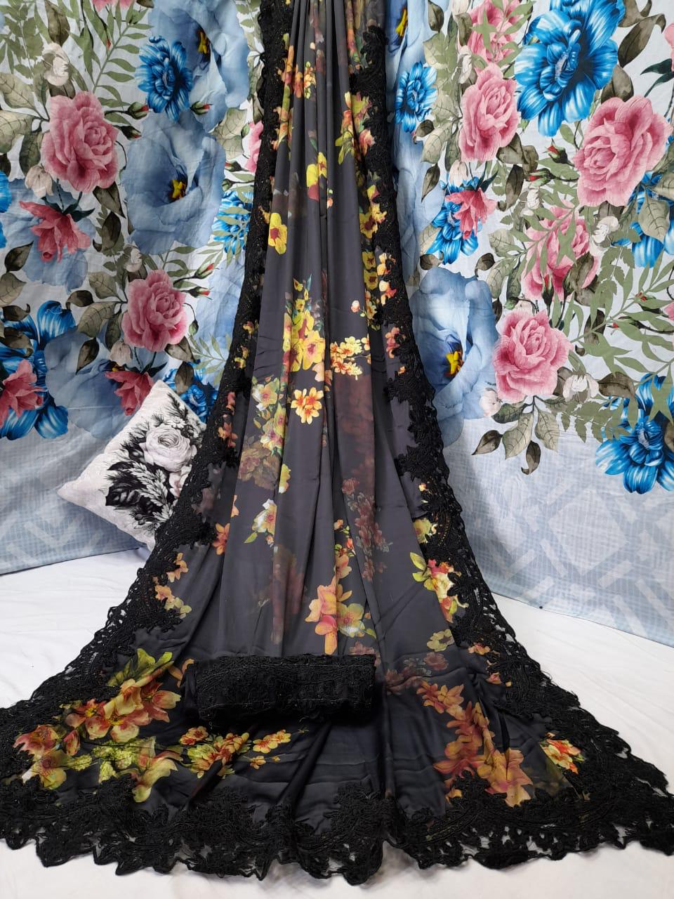 Floral laced saree - Saffronfashionindia