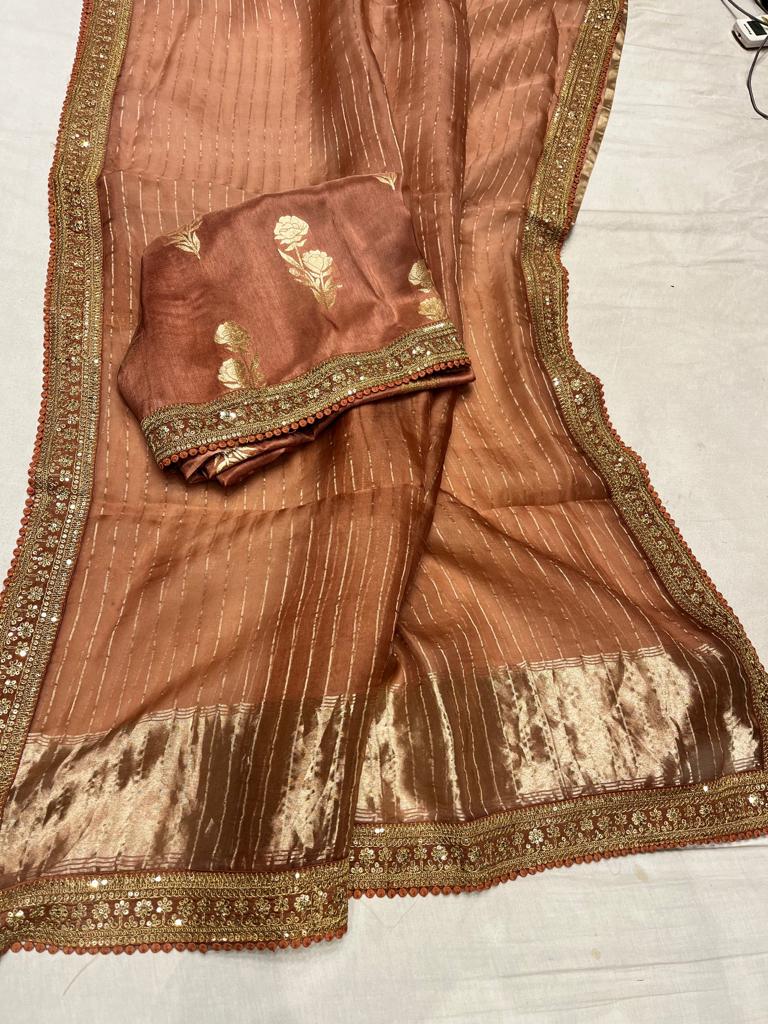 Striped zari organza saree - Saffronfashionindia