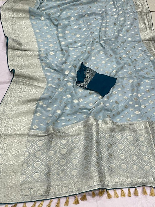 Banarsi khaddi gorgette saree - Saffronfashionindia