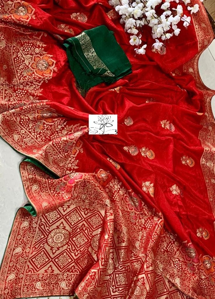 Red banarsi moonga saree - Saffronfashionindia