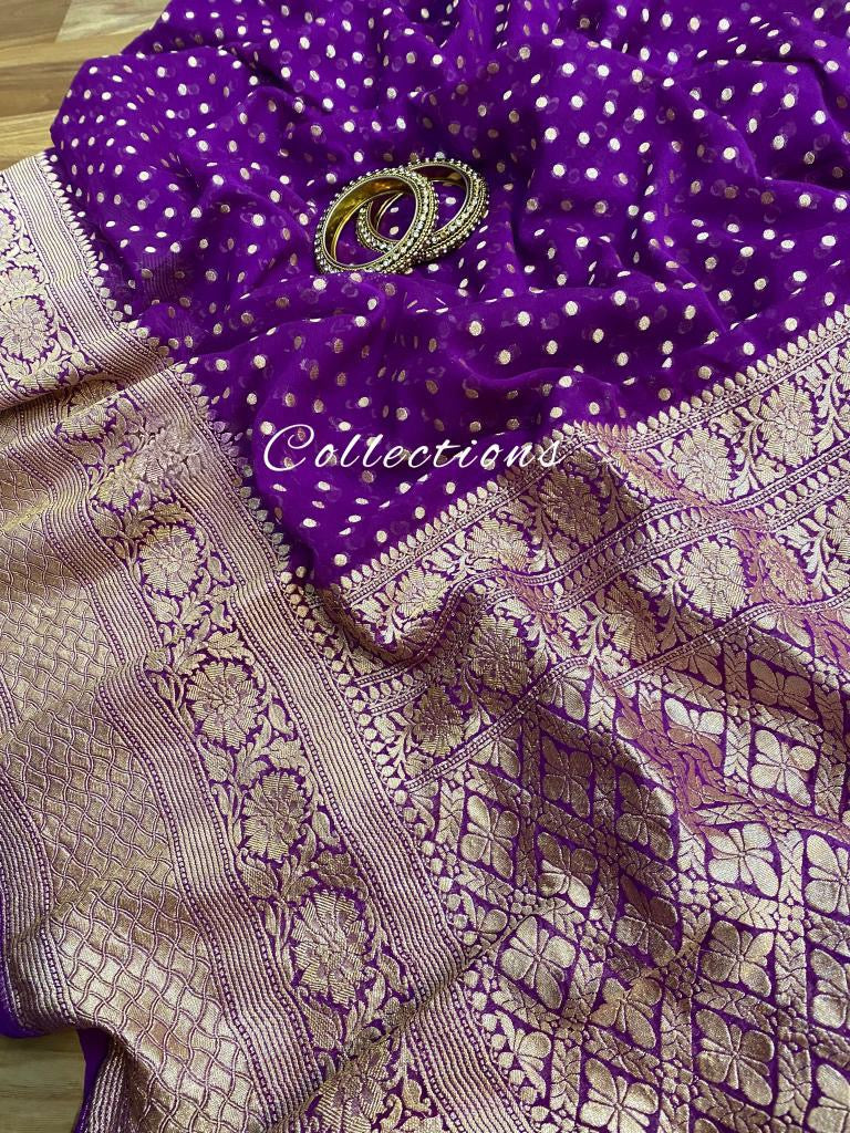 Handwoven Banarsi purple gorgette saree - Saffronfashionindia