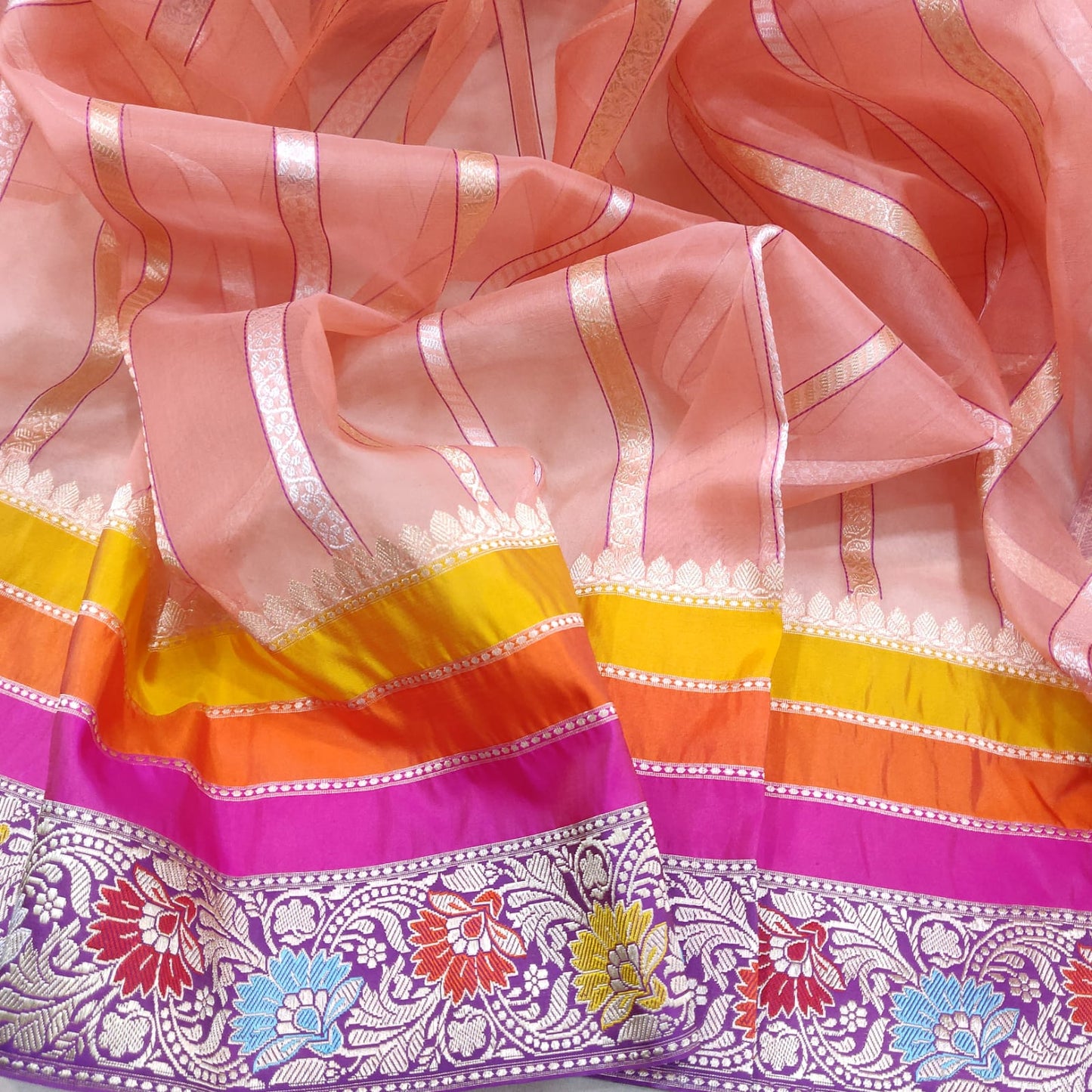 Peachy kora handwoven saree - Saffronfashionindia