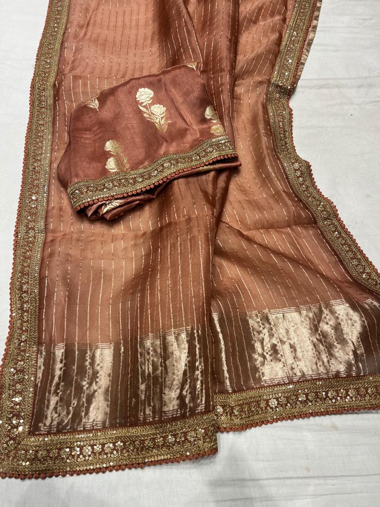 Striped zari organza saree - Saffronfashionindia