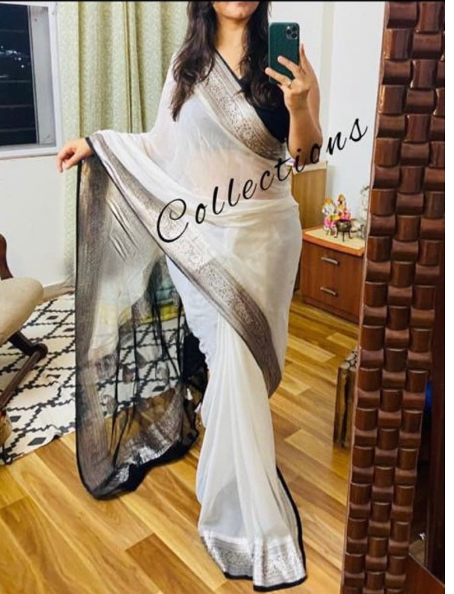 Banarsi handwoven chiffon saree - Saffronfashionindia
