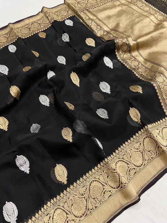 Black banarsi kora saree - Saffronfashionindia