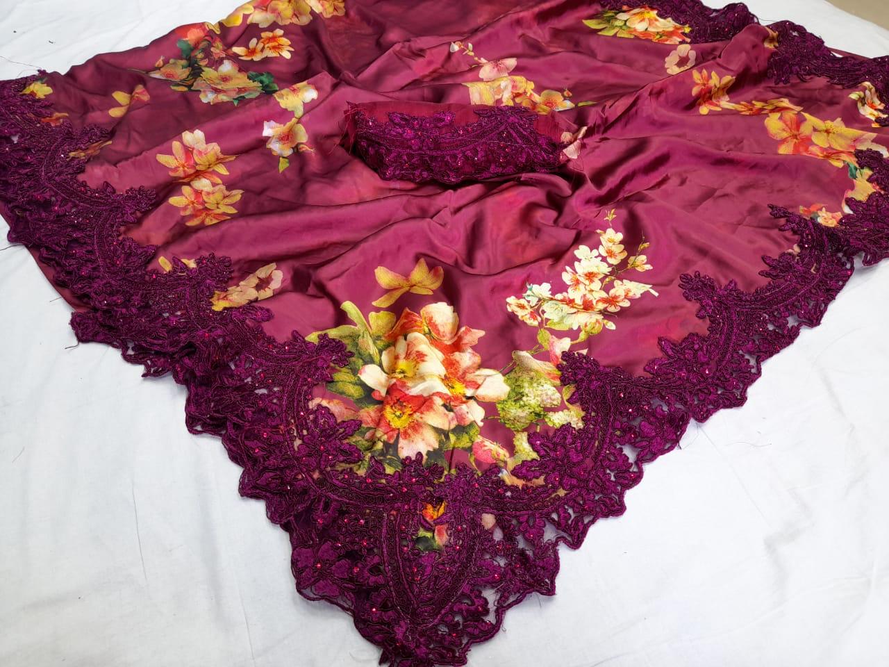 Floral laced saree - Saffronfashionindia