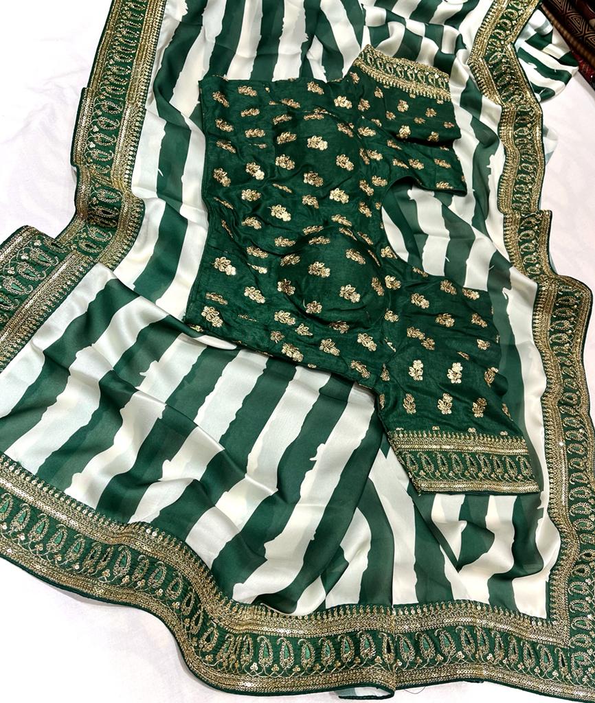 Satin striped zardosi saree - Saffronfashionindia