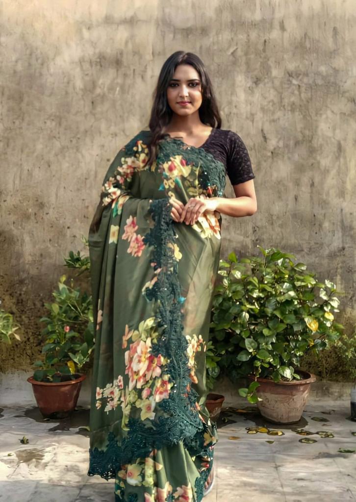 Floral laced saree - Saffronfashionindia