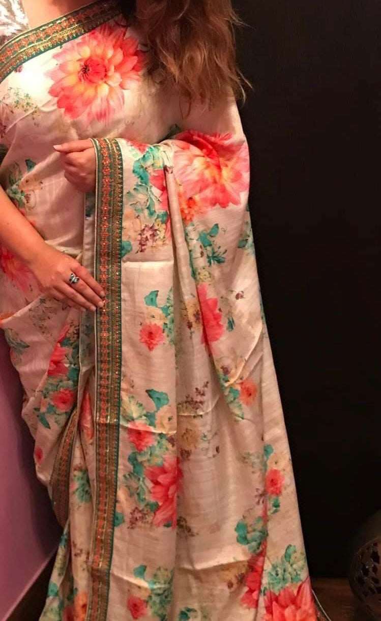 Floral Russian silk crepe saree - Saffronfashionindia