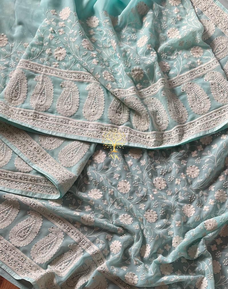 Naisha gorgette Chikankari saree - Saffronfashionindia