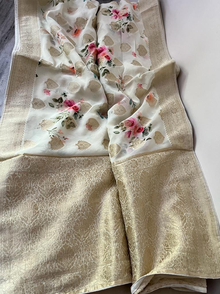 Vernia Banarsi gorgette sari Saffron fashion