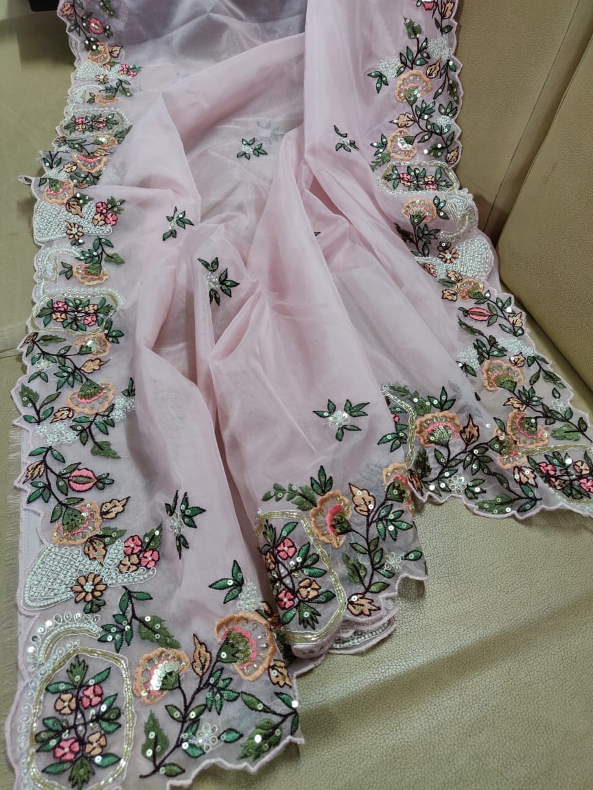 Zardosi organza saree - Saffronfashionindia