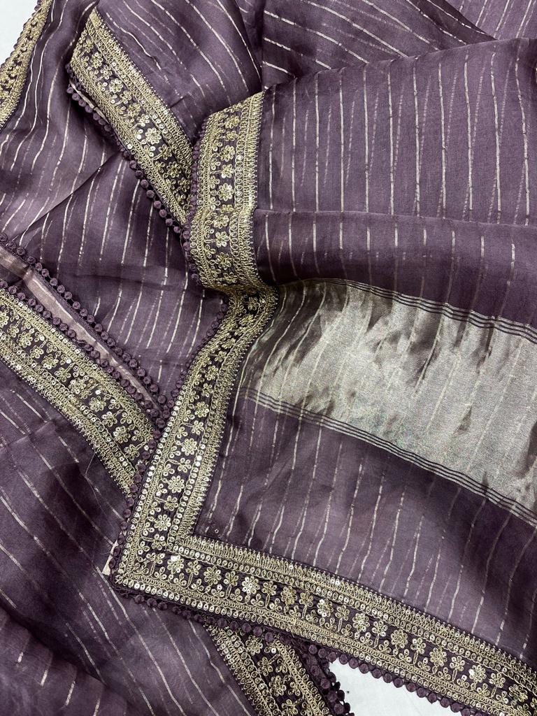 Striped zari organza saree - Saffronfashionindia