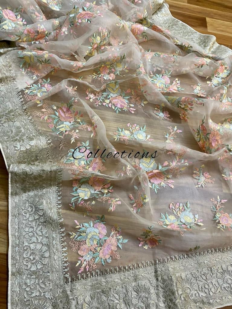 organza embroidery saree - Saffronfashionindia