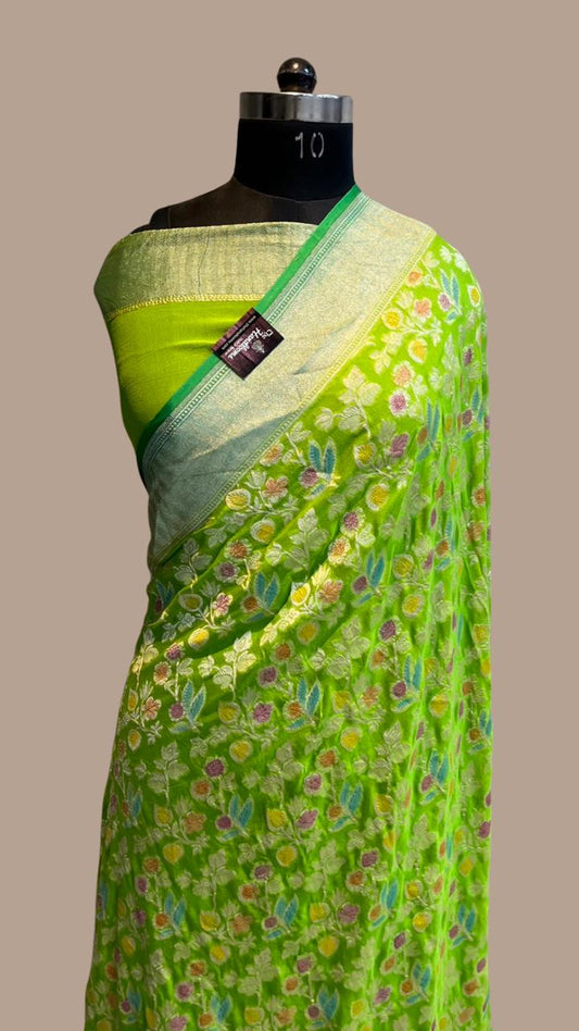 Navena Banarsi gorgette saree - Saffronfashionindia