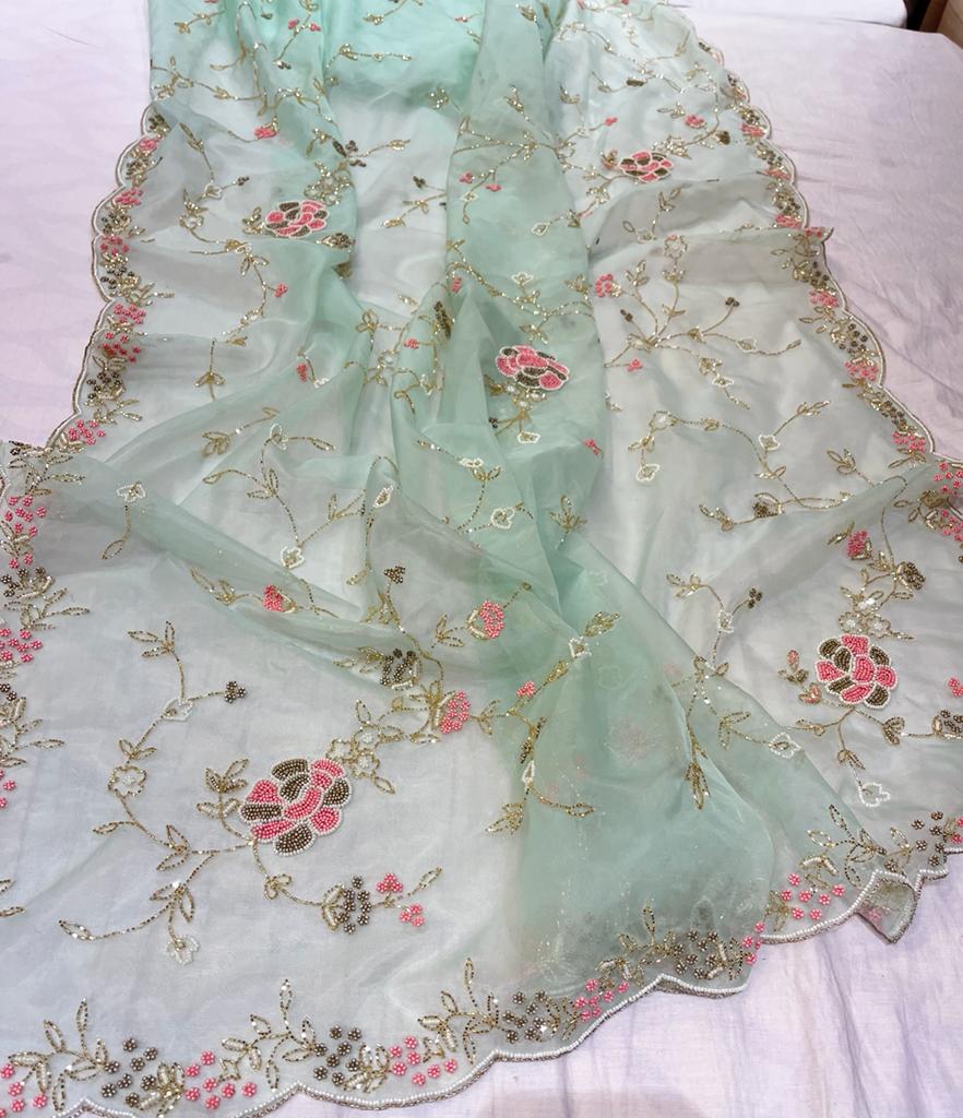 Pearl organza zardosi saree - Saffronfashionindia