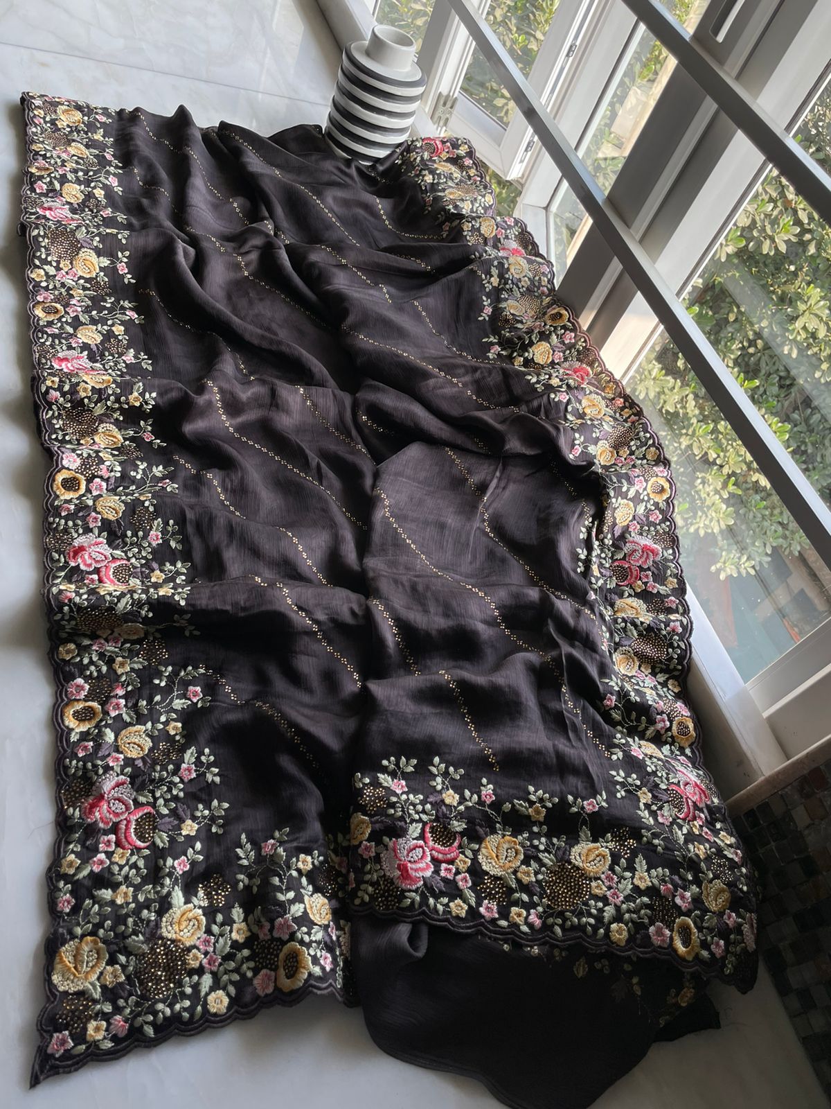 Crepe Embroidery saree - Saffronfashionindia