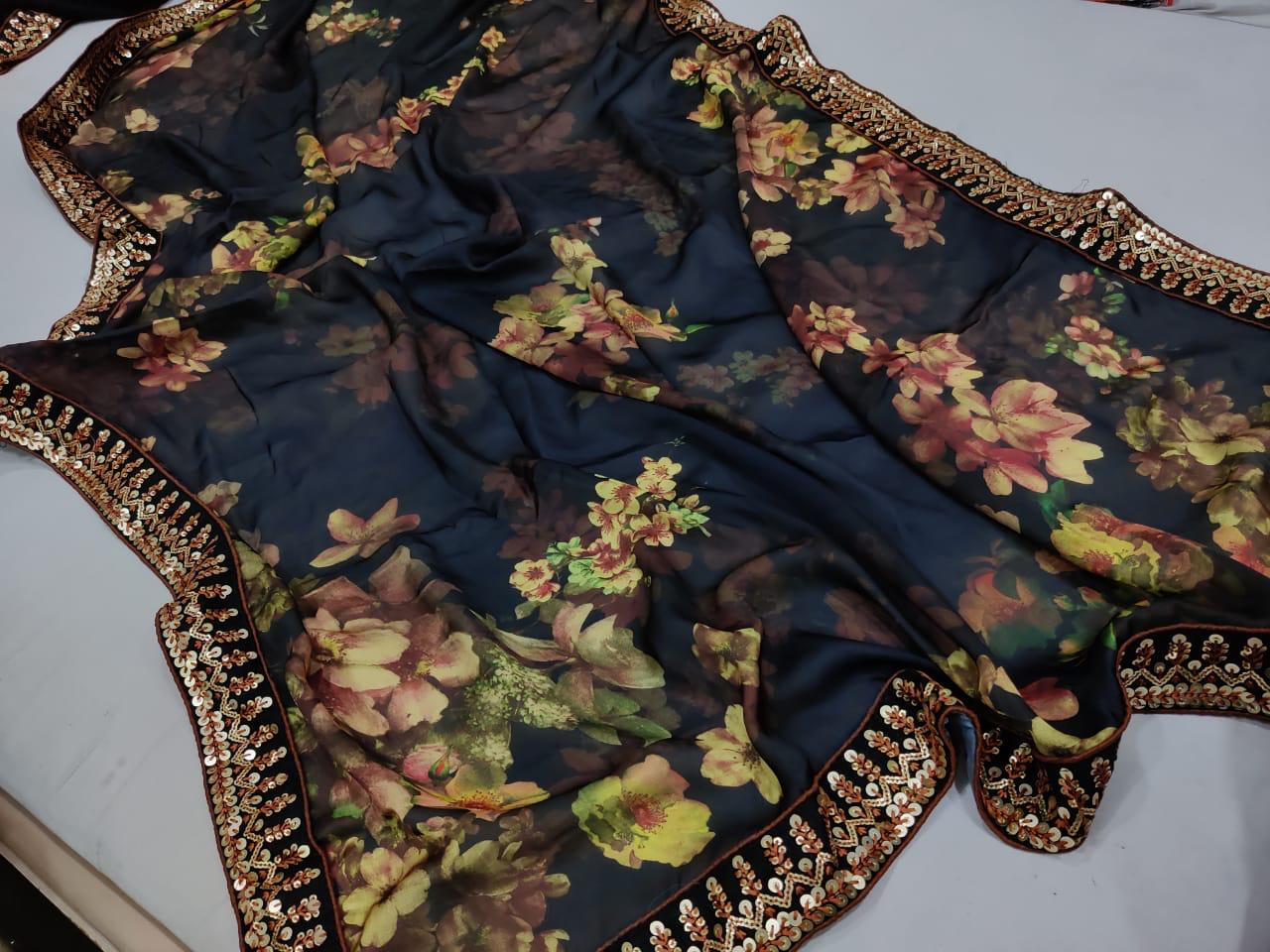 Satin crepe printed saree - Saffronfashionindia