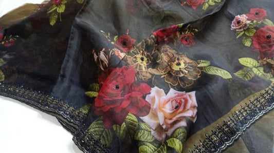 Black floral saree - Saffronfashionindia