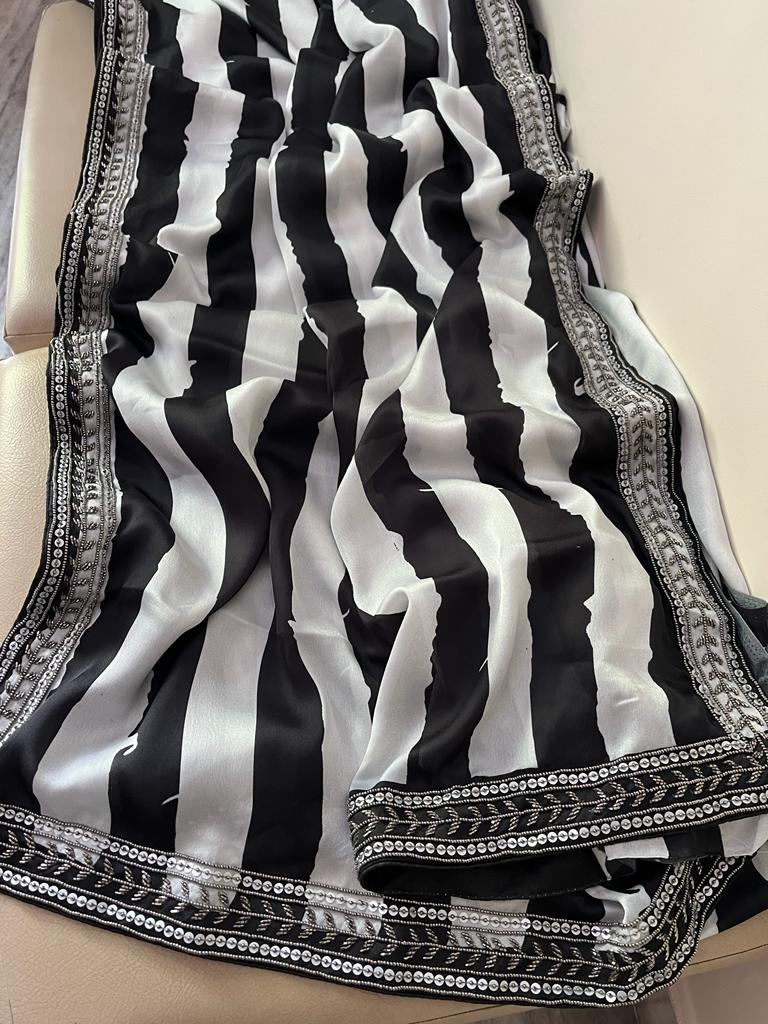 Satin striped partywear saree - Saffronfashionindia