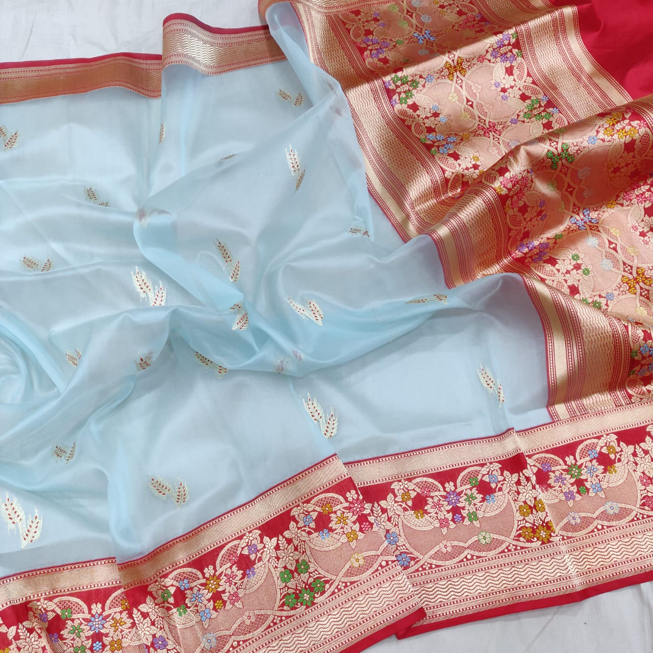 Aasmani kora handwoven saree - Saffronfashionindia