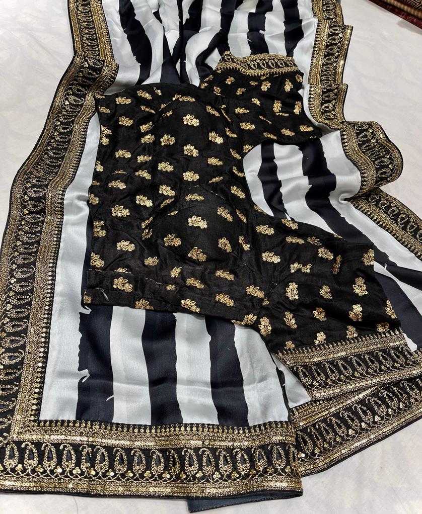 Satin striped zardosi saree - Saffronfashionindia