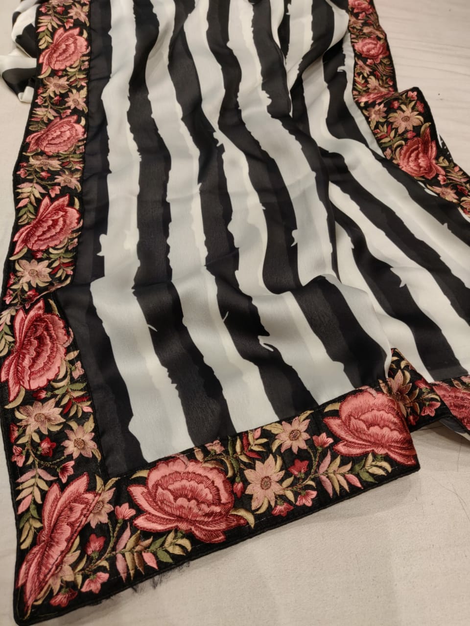 Striped satin floral saree - Saffronfashionindia
