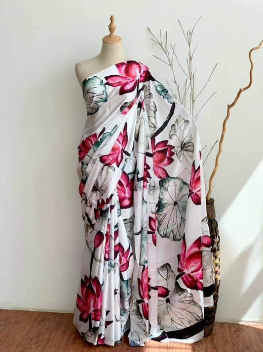 Satin floral saree/partywear sari - Saffronfashionindia