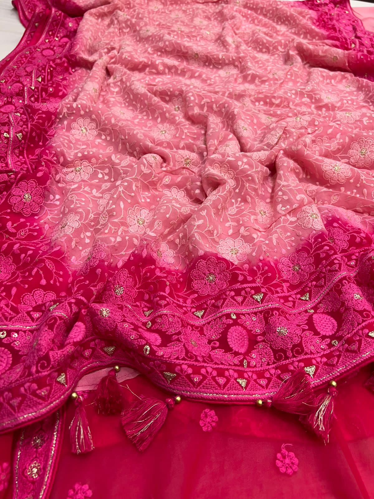 Chikankari gorgette saree - Saffronfashionindia