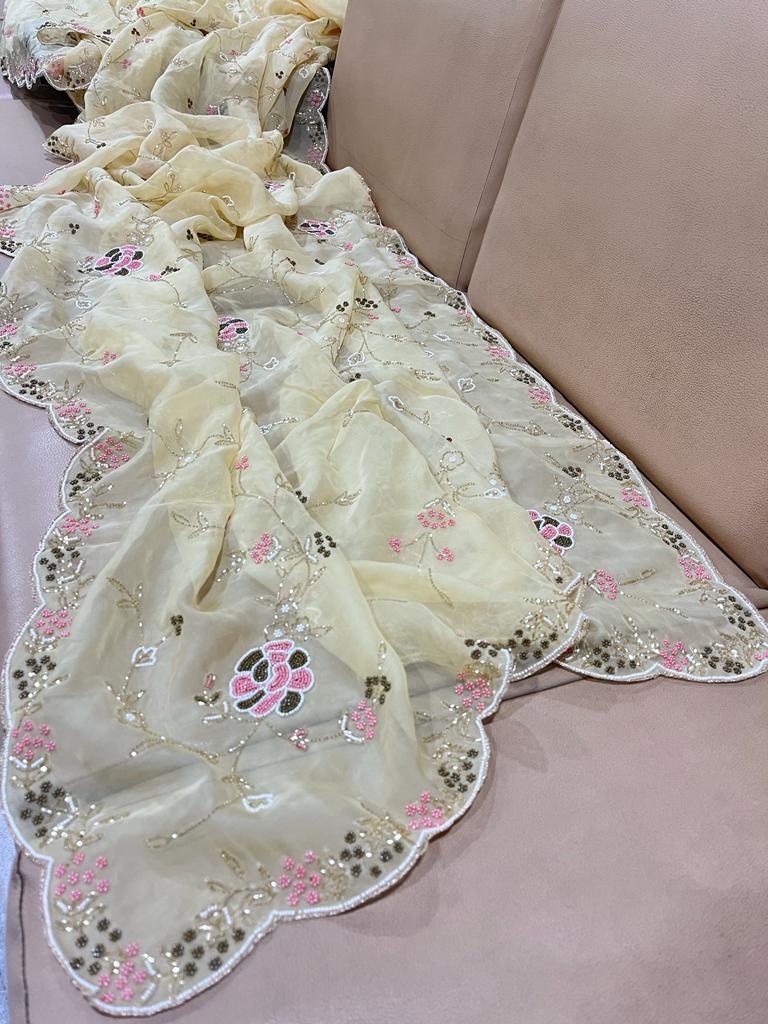 Pearl organza zardosi saree - Saffronfashionindia