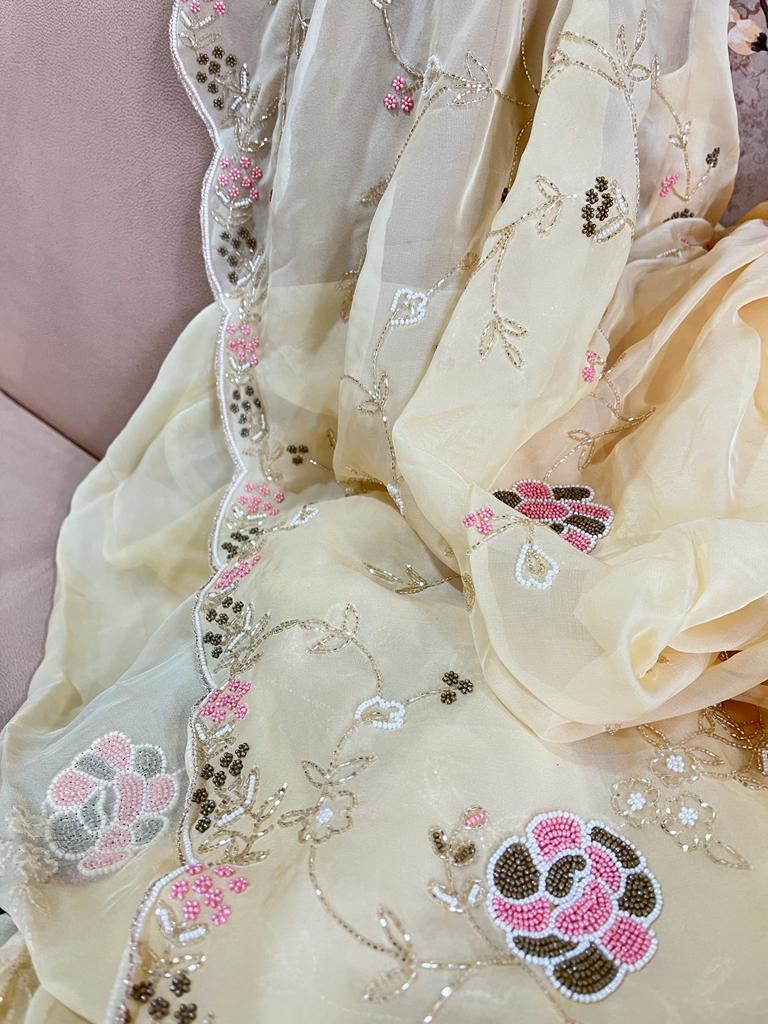 Pearl organza zardosi saree - Saffronfashionindia