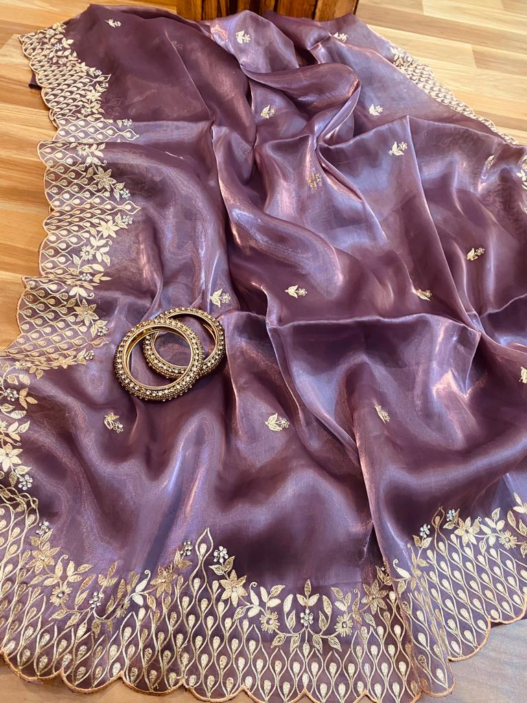 Purple tissue silk sari - Saffronfashionindia