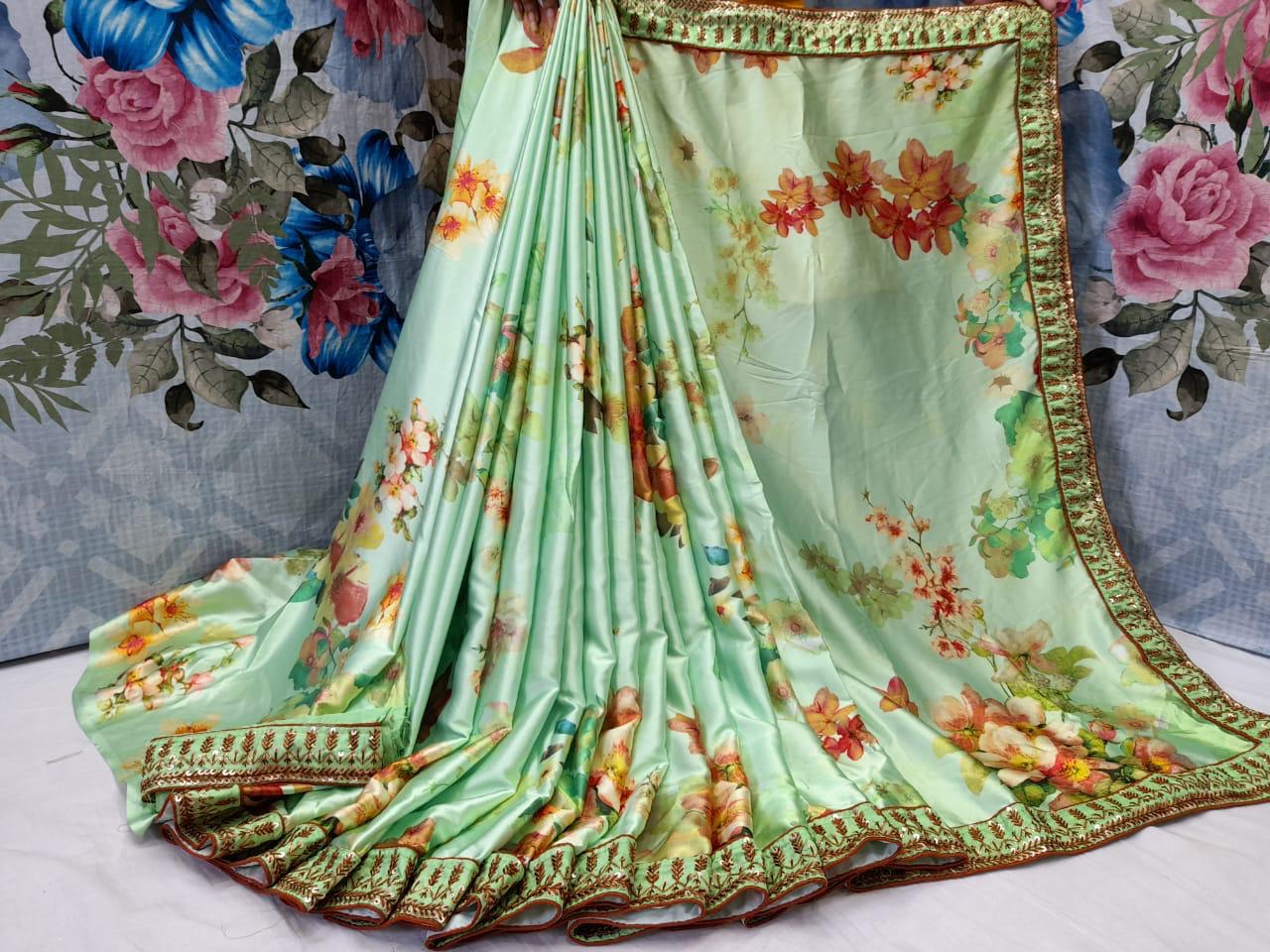 Satin crepe printed saree - Saffronfashionindia