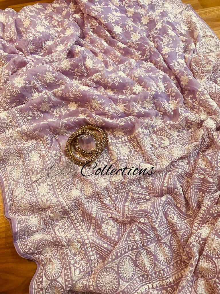 Pishika Chikankari gorgette saree - Saffronfashionindia